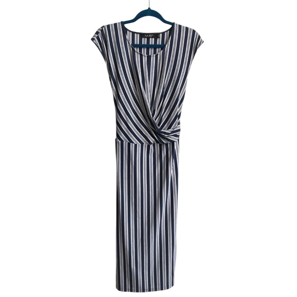 Lauren Ralph Lauren Sheath Dress Womens 8 Navy White Nautical Stripe Twist Front